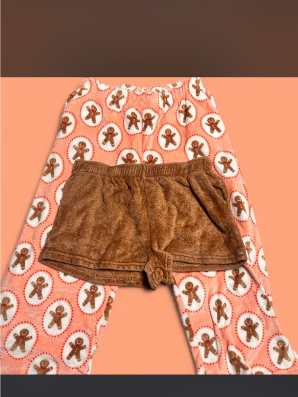 Gingerbread Print Pink Fleece Pajama Bottoms with Brown Plush Shorts plus size
